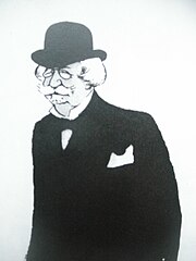 Caricature en noir et blanc d'un homme en redingote avec chapeau et moustache.
