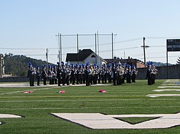 Fairmont Senior's marching band plays at East-West Stadium for the 52nd annual FSHS Band Spectacular in 2017. FSHS Polar Bear Band 2017.jpg