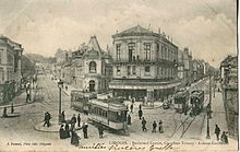 Le carrefour Tourny, à la même époque.C'était le cœur du réseau de tramway de Limoges, où plusieurs lignes se croisaient.