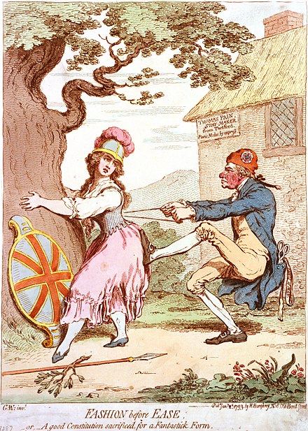In Fashion before Ease;  – or, –  A good Constitution sacrificed for a Fantastick Form (1793), James Gillray caricatured Paine tightening the corset of Britannia and protruding from his coat pocket is a measuring tape inscribed "Rights of Man"