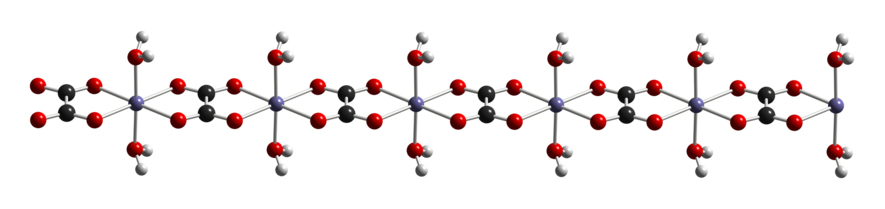 Crystal structure of iron(II) oxalate dihydrate, showing iron (gray), oxygen (red), carbon (black), and hydrogen (white) atoms. Fe(C2O4)(H2O)2-chain-from-xtal-2008-CM-3D-balls.png