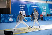 Deutsch: Fechten bei den Olympischen Jugend-Sommerspielen 2018: Tag 1, 7. Oktober 2018, Jungen, Säbel, Viertelfinale - Krisztián Rabb (HUN) - Antonio Heathcock (GER) 15:11 English: Fencing at the 2018 Summer Youth Olympics at 7 October 2018 – Boys' sabre Quarterfinals – Krisztián Rabb (HUN) Vs Antonio Heathcock (GER) 15:11