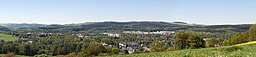 This image shows the town Flöha, Germany, as seen from the Pomselberg ("pomsel hill"). It is a three segment panoramic image.