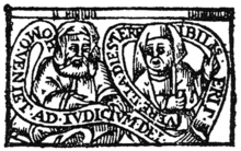 Uma gravura com traços simples de um homem e uma mulher velhos envoltos por uma faixa com escrituras em latim.