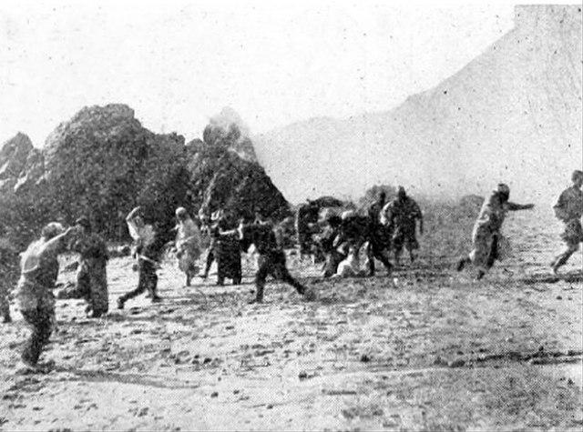 Fleeing villagers from the erupting volcano