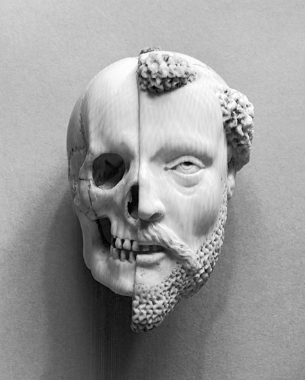 French – 16th-/17th-century ivory pendant, Monk and Death, recalling mortality and the certainty of death (Walters Art Museum)