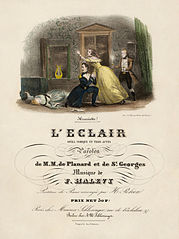 Image 8L'éclairIllustration: Paul Gavarni; restoration: Adam CuerdenL'éclair is an opéra comique in three acts by Fromental Halévy to a libretto by Jules-Henri Vernoy de Saint-Georges. Premiered by the Paris Opéra-Comique at the Salle de la Bourse on 16 December 1835, the opera was well received. It follows the amours of the Englishman George and the American Lyonel for two sisters, the bachelorette Henriette and the widow Mme. Darbel.More selected pictures