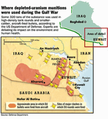 The approximate area and major clashes in which DU bullets and rounds were used in the Gulf War GWI DU map.gif