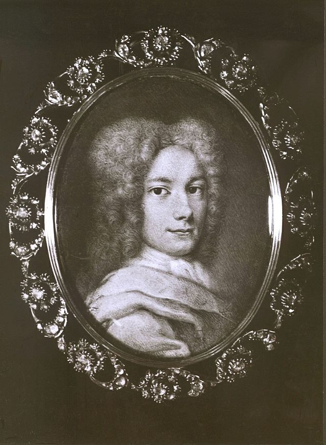 black&white photograph of a 1710 miniature of a young man's portrait