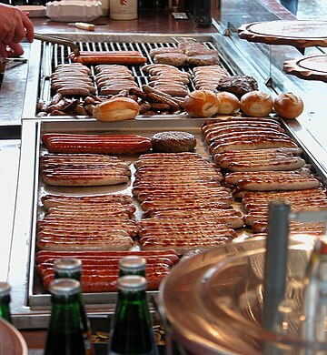A variety of bratwurst on a stand at the Hauptmarkt in Nuremberg, Germany