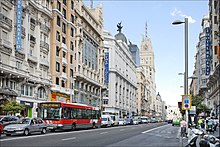 The Gran Via showcases patterns ranging from Vienna Secession style, Plateresque, Neo-Mudejar, Art Deco and others Gran Via (Madrid) 44.jpg