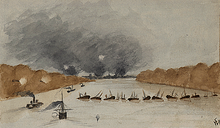 The advance of the Gunboats up the river to New Berne, N. Carolina. Passing the Barricade, 1862 Gunboat advance, Battle of New Berne.png
