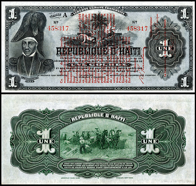 Dessalines depicted on a 1916 Banque Nationale de la République 1 gourde note (1916)