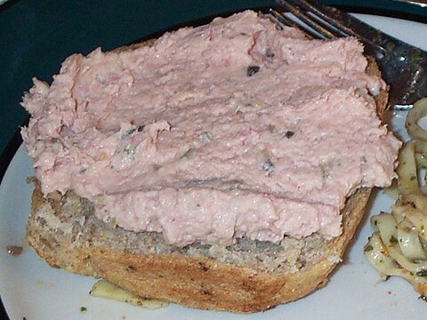 A ham salad spread, atop bread