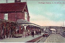 Hellingly Station in the early 20th century, showing the wooden platform before it was shortened Hellingly Railway Station.jpg