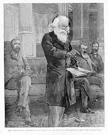 A wood engraving of Sir Henry Parkes moving the first resolution at the federation conference in Melbourne, 1 March 1890 HenryParkes Melbourne.jpg