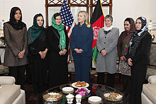 U.S. Secretary of State Hillary Clinton standing with Afghan female politicians, which includes Sima Samar to her left, Fauzia Koofi (with the green headscarf) to her right, and Selay Ghaffar to her farthest right Hillary Clinton with Afghan female politicians in 2011.jpg