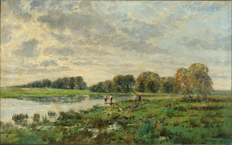 Summer landscape with fishermen by a river label QS:Len,"Summer landscape with fishermen by a river" -