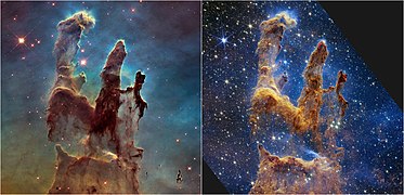 Luomisen pilarit: vasemmalla Hubblen kuva vuodelta 2014; oikealla Webbin lähi-infrapunakuva.