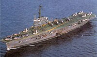 INS Vikrant circa 1984 carrying a unique complement of Sea Harriers, Sea Hawks, Allouette & Sea King helicopters and Alize ASW.jpg