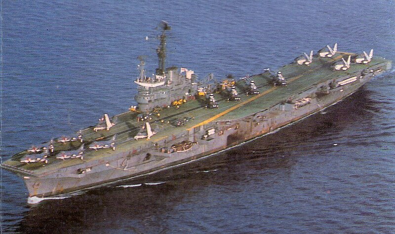 File:INS Vikrant circa 1984 carrying a unique complement of Sea Harriers, Sea Hawks, Allouette & Sea King helicopters and Alize ASW.jpg