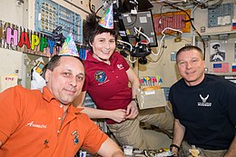 Expedition 43 crew celebrate a birthday in Zvezda the ISS service module, 2015. ISS-43 Birthday of astronaut Samantha Cristoforetti.jpg