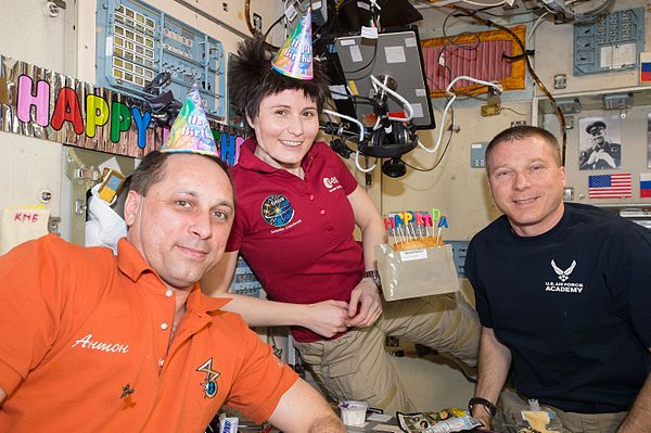 Expedition 43 crew celebrate a birthday in Zvezda module, 2015.