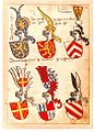 272 Hans Ingeram drew the flag carrying maiden, but used existing drawings of armorsdrei rote Kreise Der graff von nassaw Der graff/von seyn Ith(em) der von Epen/stein ffr Der von Westerburg fr Ith(em) kronberg Ith(em) ryffenberg