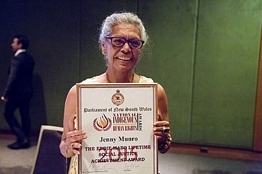 Jenny Munro holding her award at the National Indigenous Human Rights Awards Jenny Munro with award.jpg