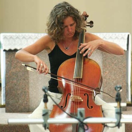 Josephine van Lier plays a violoncello piccolo, a five-string variant of the Baroque cello, during a recording session of Bach's 6th Cello Suite.