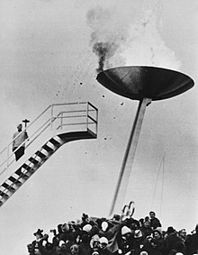 Winter Olympics open in Innsbruck, Josl Rieder lights the Olympic Caldron Josl Rieder 1964 Olympic cauldron.jpg