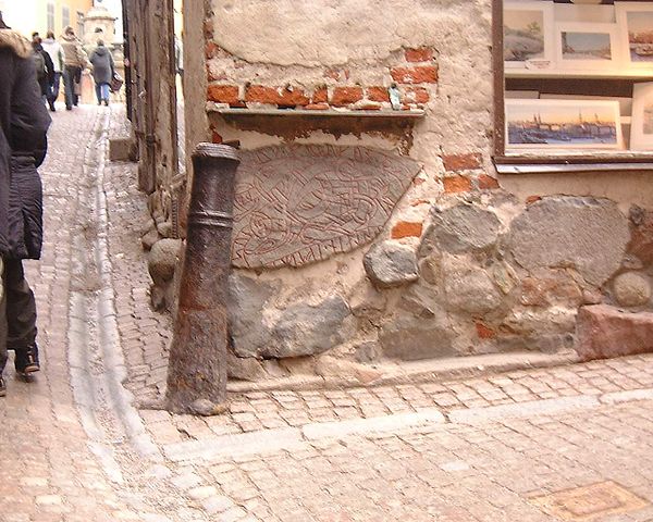 U 53, a fragment of a runestone built into a wall in the intersection of Prästgatan and Kåkbrinken, is believed to have been brought from an Iron Age 