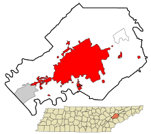 Knox County Tennessee áreas incorporadas e não incorporadas Knoxville realçado.