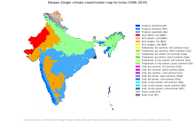 A Köppen climate classification map of India. Uttar Pradesh is marked predominantly humid subtropical with dry winter (Cwa) with its western portions marked semi-arid hot (BSh).