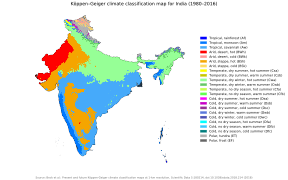 Köppen climate classification map for India for 1980–2016