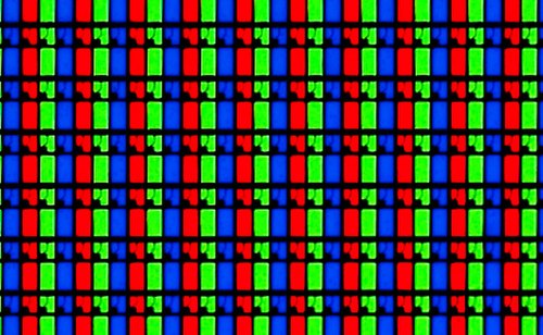 A photograph of the red, green, and blue elements (subpixels) of an LCD. Additive mixing explains how light from these colored elements can be used fo