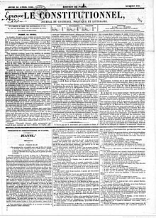 Prima pagina del Constitutionnel che include solo testo.  Il primo episodio di Jeanne appare nel terzo inferiore della pagina.