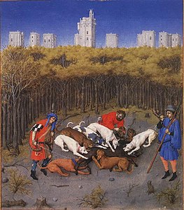 The Chateau behind a boar hunt, by Limbourg Brothers or Barthélemy d'Eyck (1412–1416)