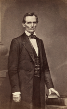 Abraham Lincoln, a portrait by Mathew Brady taken February 27, 1860, the day of Lincoln's Cooper Union speech Lincoln O-17 by Brady, 1860.png