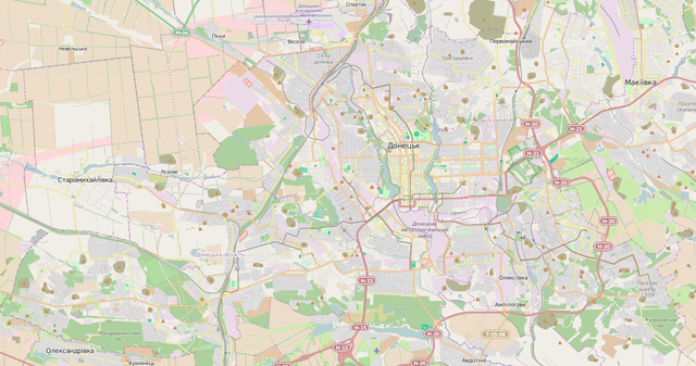 Mapa konturowa Doniecka, u góry znajduje się punkt z opisem „DOK”