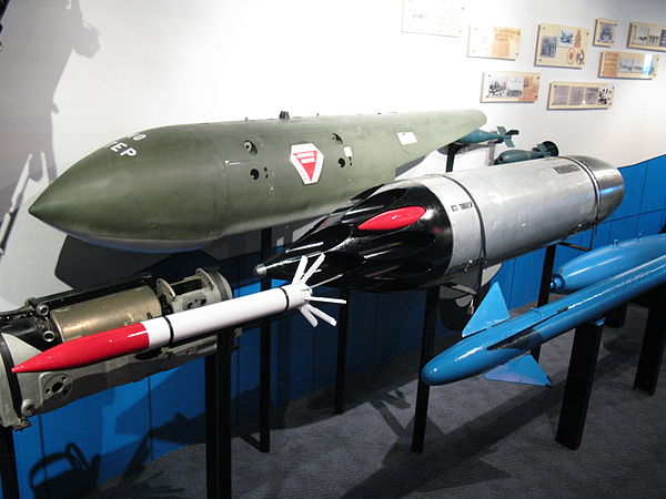 A Matra Type 155 SNEB rocket launcher pod with two red-tipped 68 mm dummy rockets.