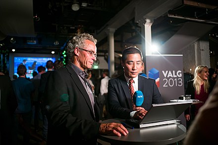The party's member of Parliament, Rasmus Hansson, being interviewed by the Norwegian Broadcasting Corporation on the 2013 election night