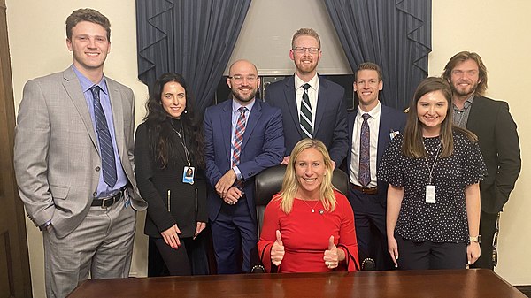 Greene with her congressional office staff, "Team Greene", on her first day in office, January 3, 2021.