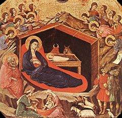 Nativity from Duccio’s Maestá, 13th century, a compromise shed-within-a-cave