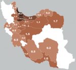 خريطة توزع الجيلاك في إيران (وفق مسحٍ لوزارة الثقافة في إيران 2010)