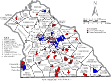 Map of York County with municipal labels showing cities and boroughs (in red), townships (in white), and census-designated places (in blue) Map of York County Pennsylvania With Municipal and Township Labels.png