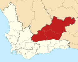 Kaart van Suid-Afrika wat Sentraal Karoo in Wes-Kaap aandui