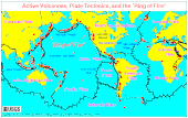 Carte terrestre indiquant les limites entre les principales plaques tectoniques et la position des principaux volcans actifs.