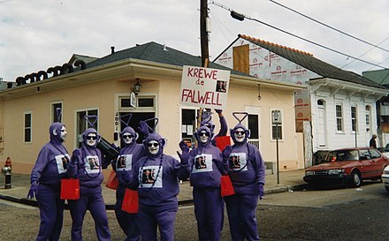 A group of people in Tinky Winky costumes at Mardi Gras, 1999.