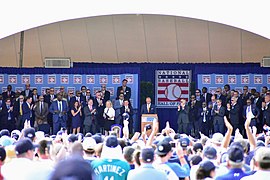 Mariano Rivera giving induction speech to Baseball Hall of Fame July 2019.jpg